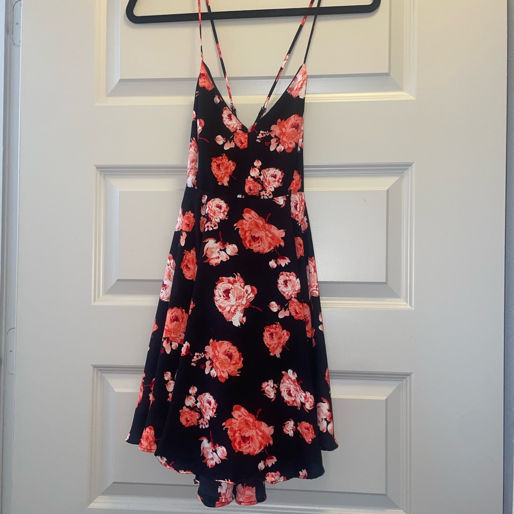 Size small backless floral dress peonies black red coral adjustable sun dress